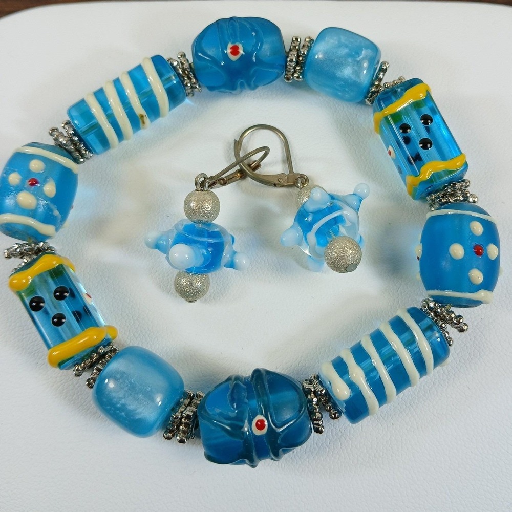 Artisan Handmade Blue Lampwork Glass Bead Stretch Bracelet and Earring Set - Picture 6 of 14